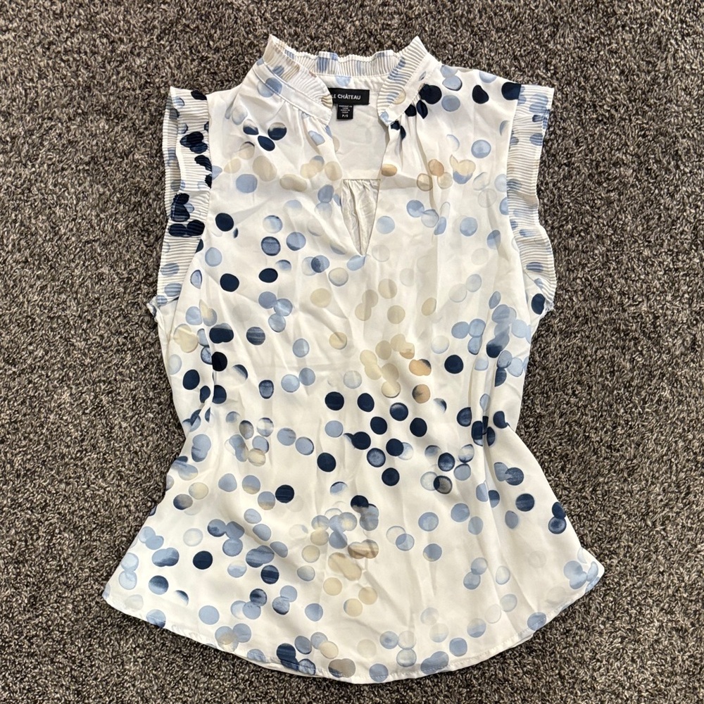 Le Chateau Blue, Cream, Tan, White Polka Dot Blouse Size Small NWOT